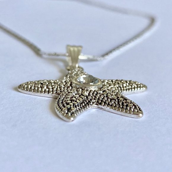 Starfish Necklace Crystal Silver Tone Nautical Island Sea Life 18" Plated - Picture 8 of 11